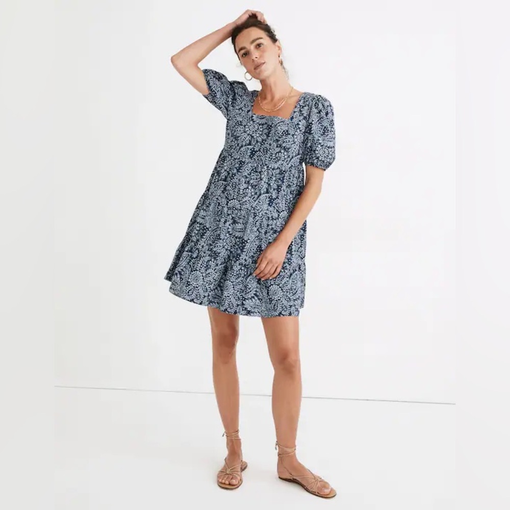 Madewell Poplin Puff-Sleeve Tiered Babydoll Dress in Paisley Garden 4 Blue